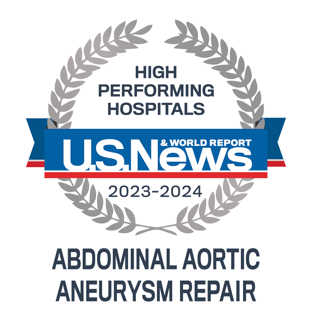 Awards badge for High Performing Hospitals for Abdominal Aortic Aneurysm Repair – U.S. News and World Report 2023-24