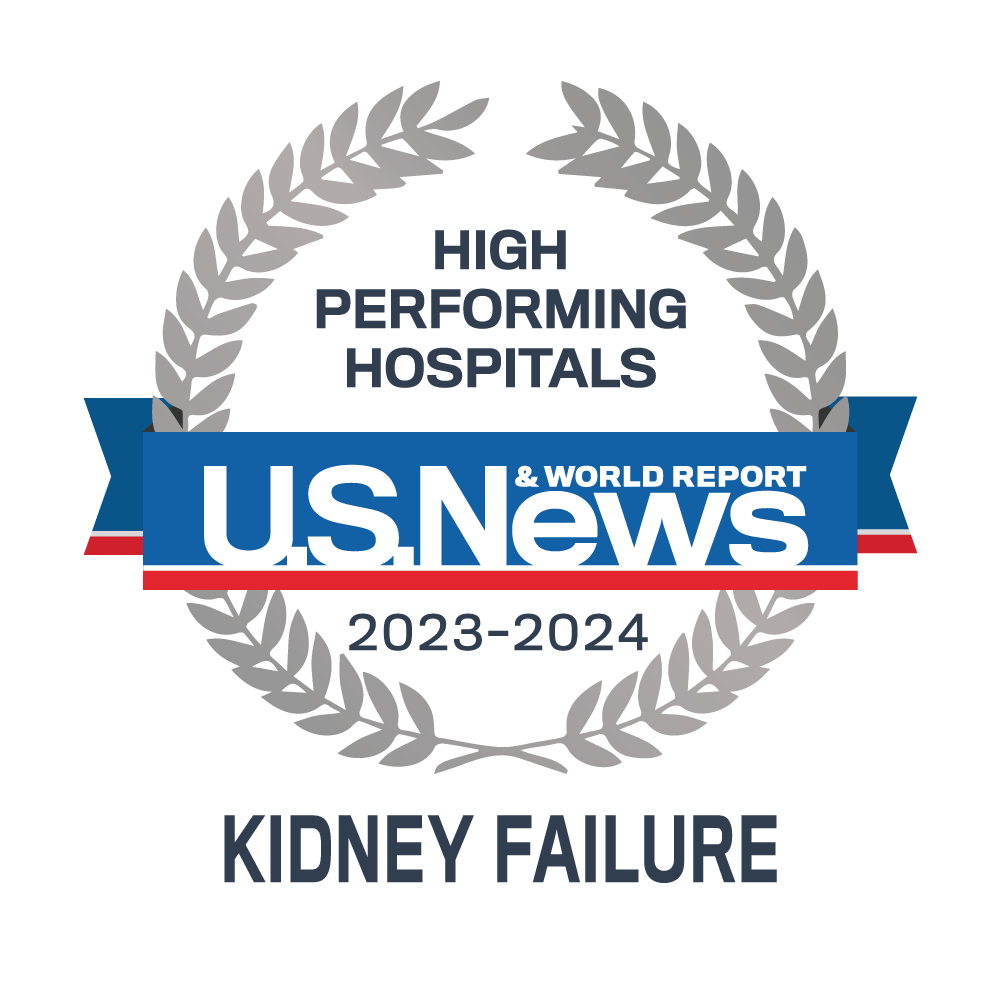Awards badge for High Performing Hospitals for Kidney Failure – U.S. News and World Report 2023-24