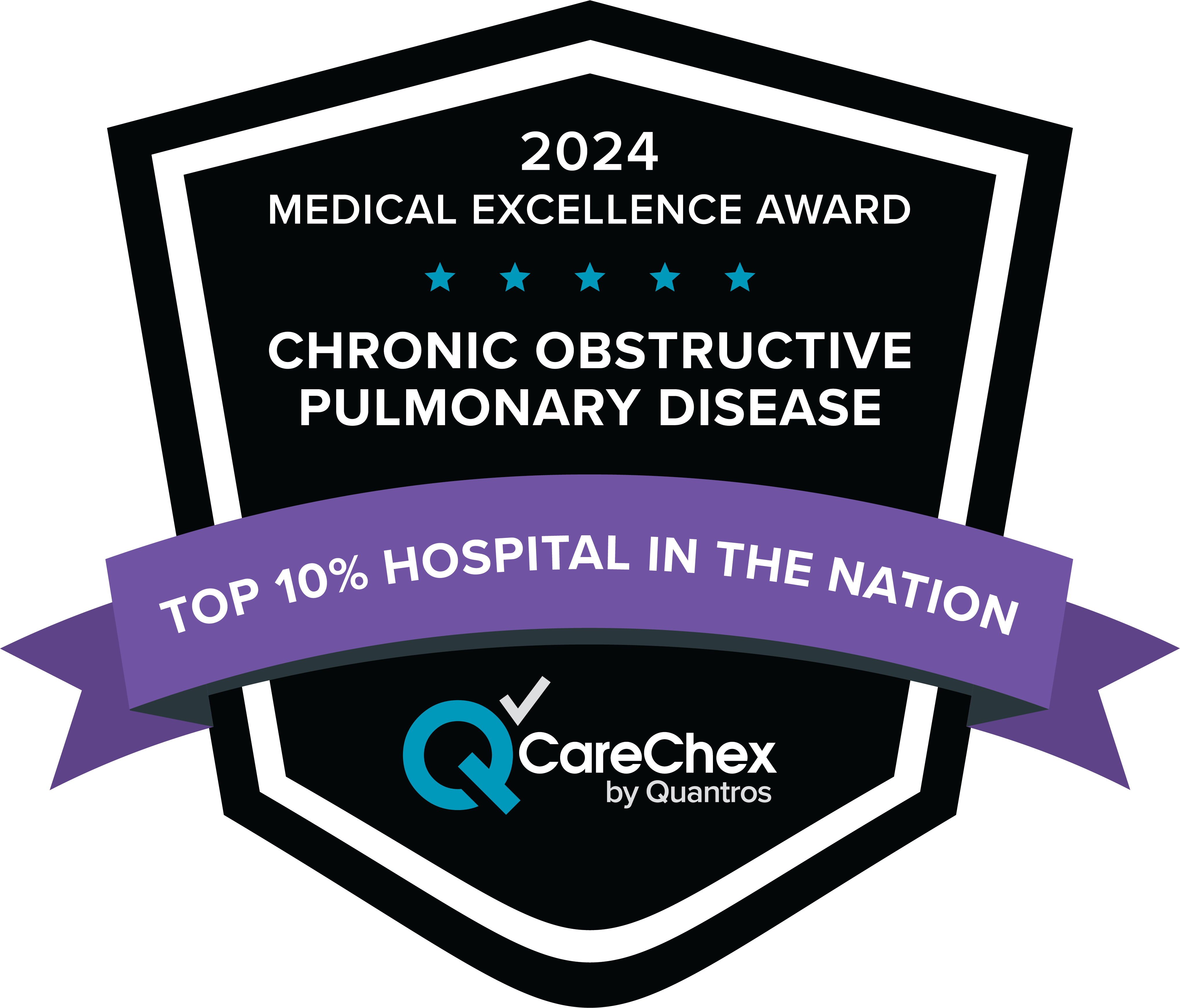 Awards badge for Top 10% Hospital in the Nation for Medical Excellence in COPD Care – 2024 CareChex by Quantros