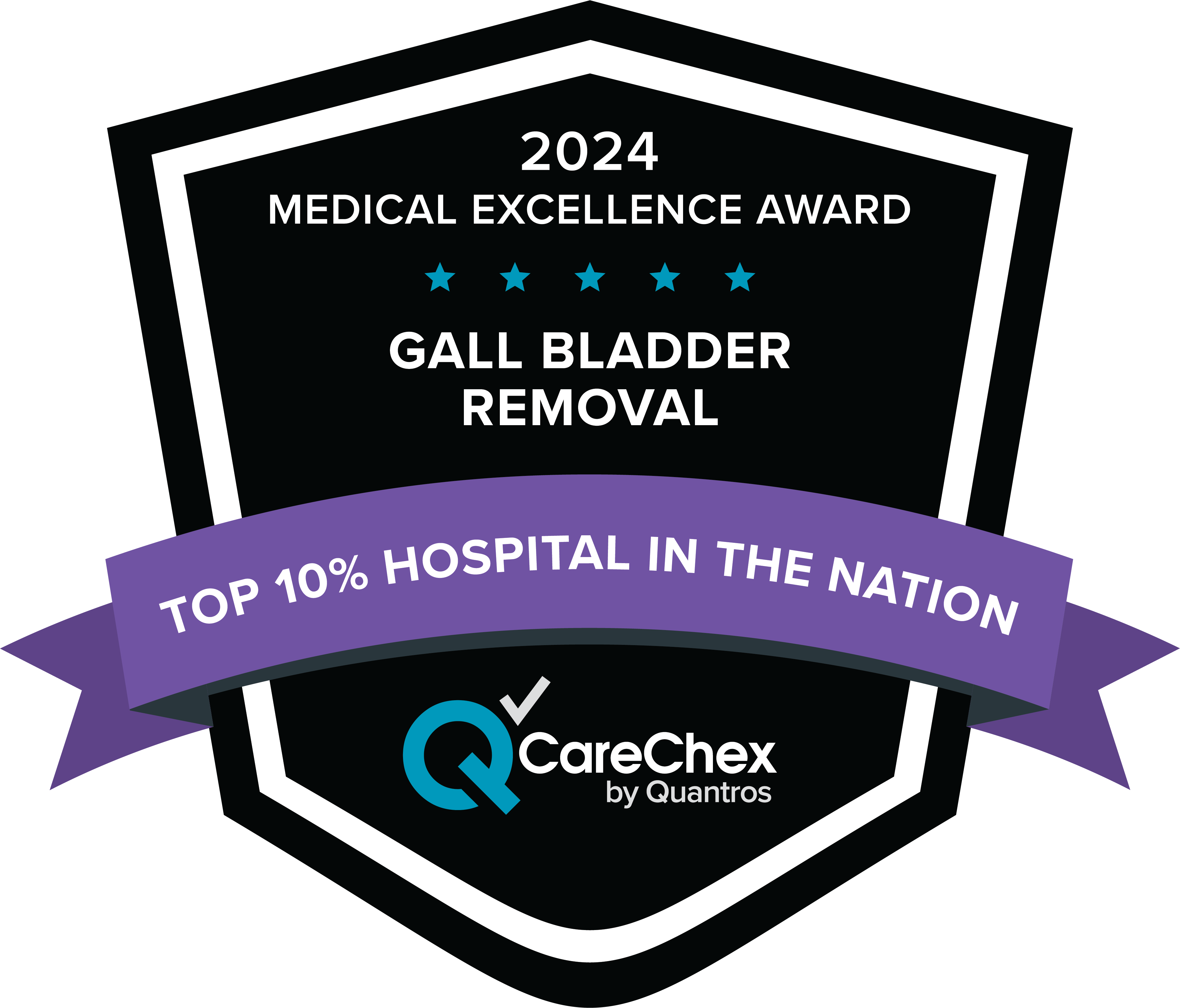 Awards badge for Top 10% Hospital in the Nation for Medical Excellence in Gall Bladder Removal – 2024 CareChex by Quantros