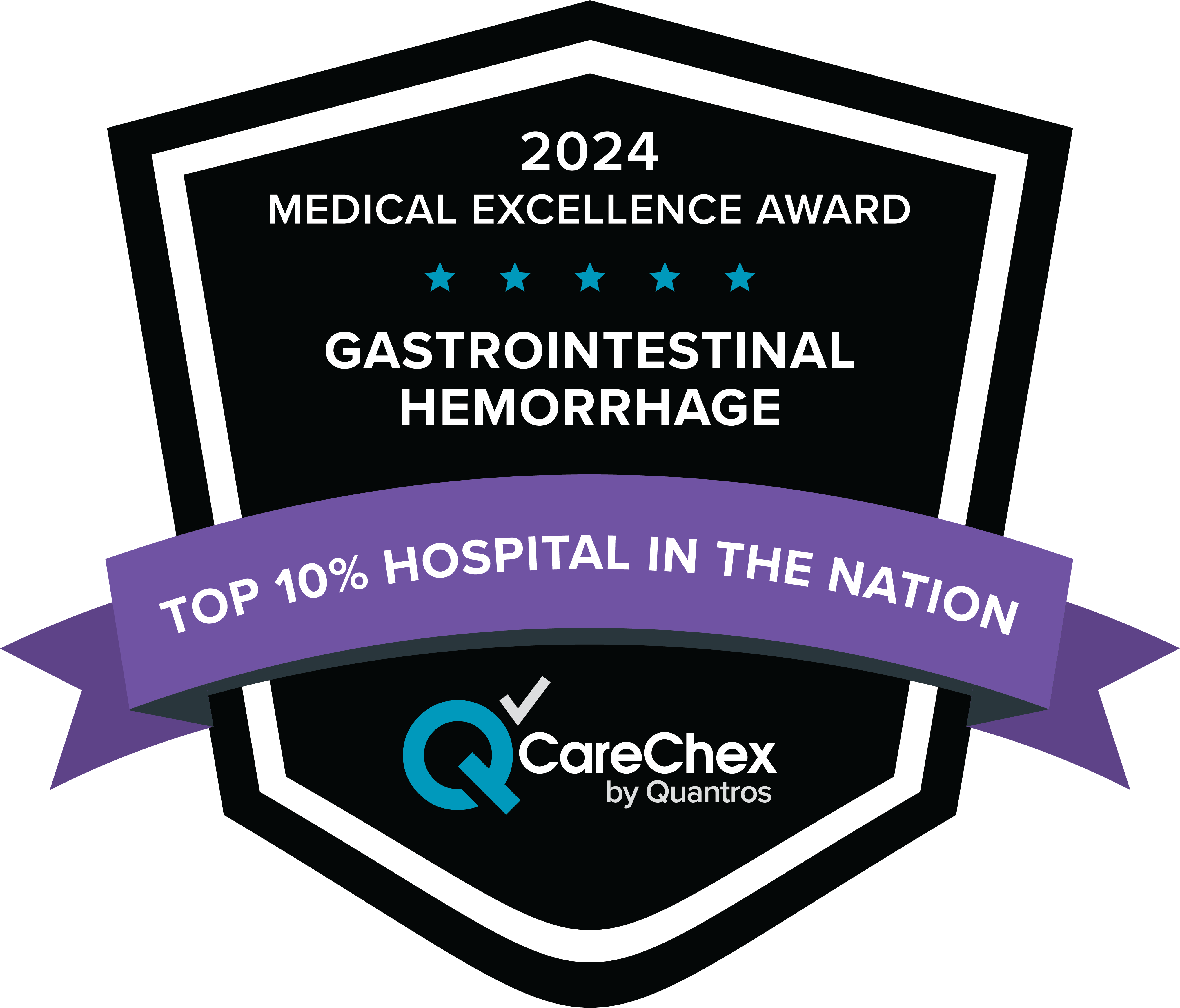 Awards badge for Top 10% Hospital in the Nation for Medical Excellence in Gastrointestinal Hemorrhage – 2024 CareChex by Quantros