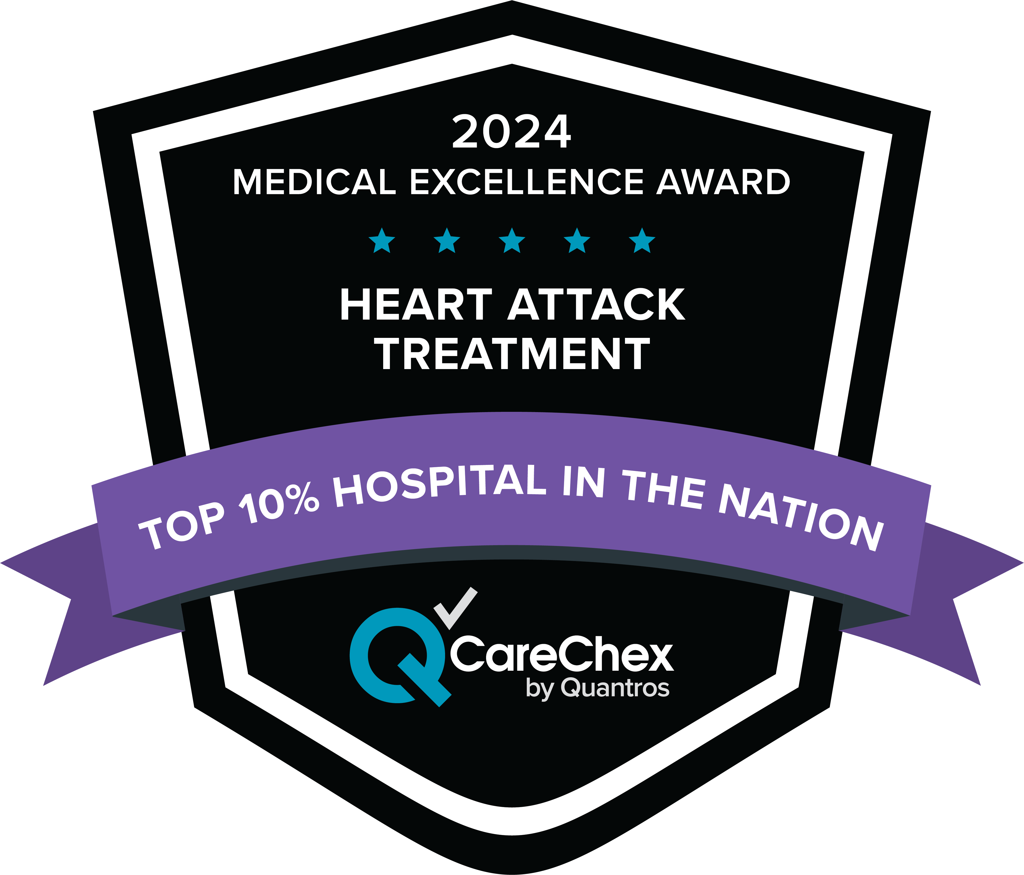 Awards badge for Top 10% Hospital in the Nation for Medical Excellence in Heart Attack Treatment – 2024 CareChex by Quantros