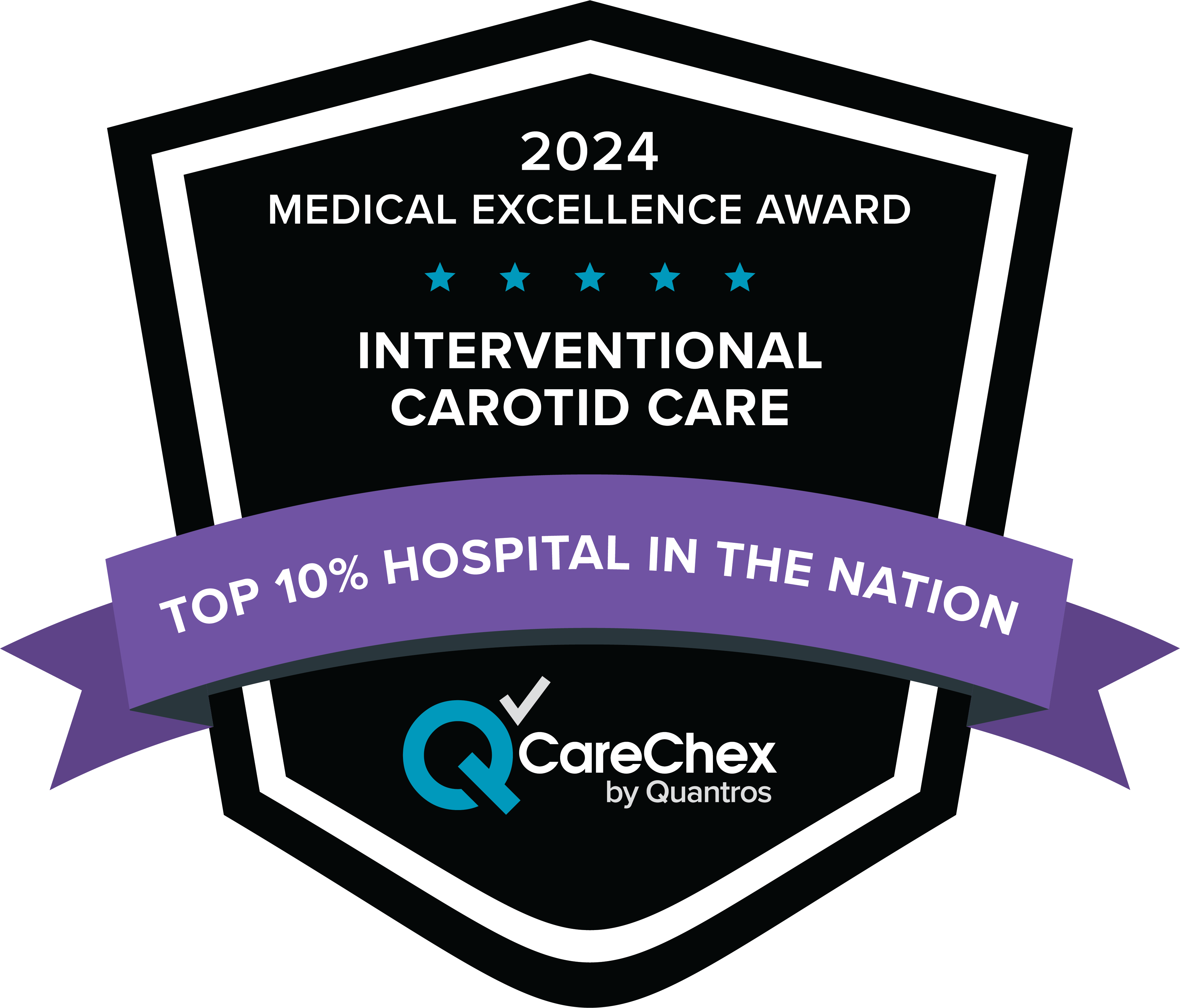 Awards badge for Top 10% Hospital in the Nation for Medical Excellence in Interventional Carotid Care – 2024 CareChex by Quantros