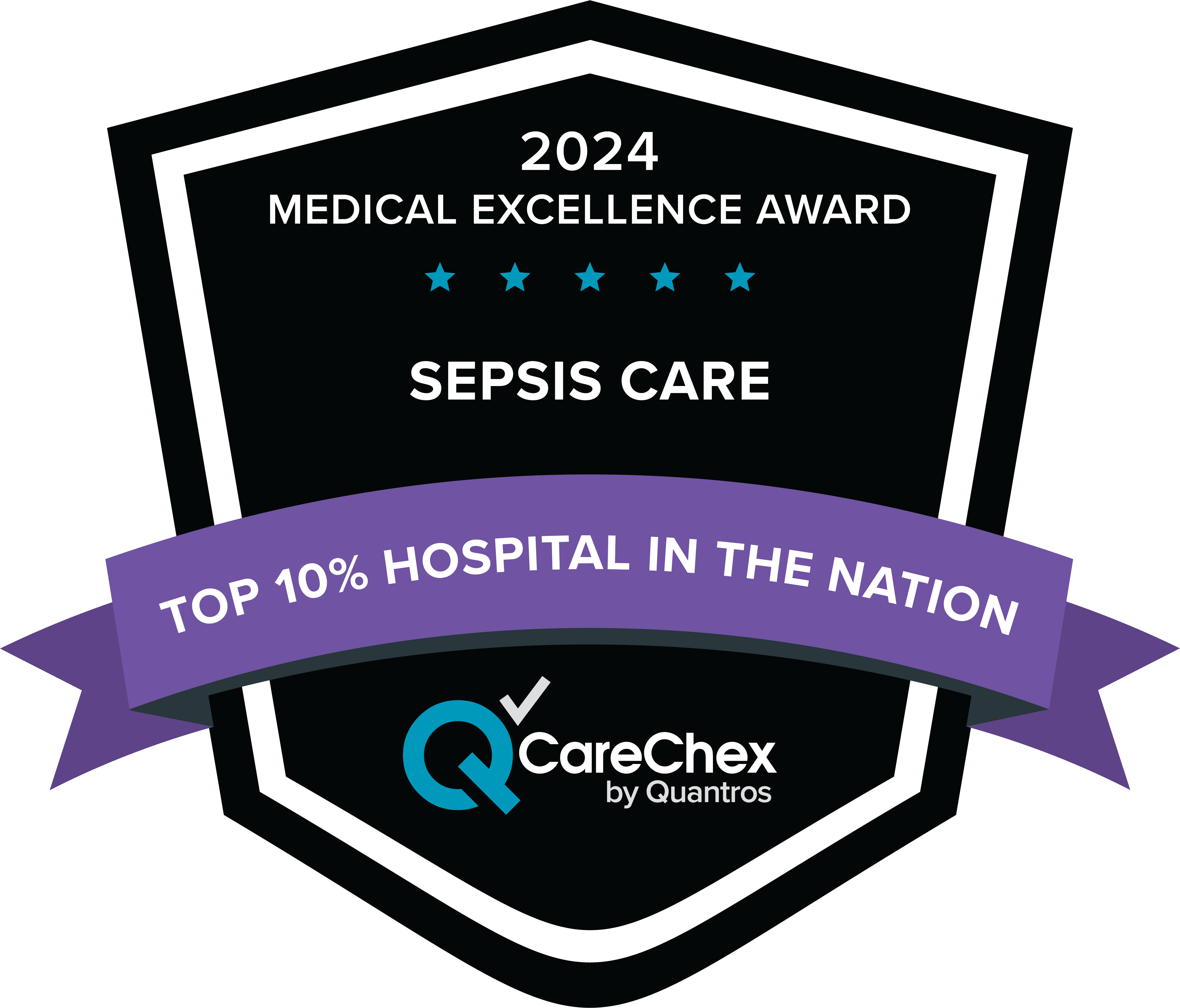 Awards badge for Top 10% Hospital in the Nation for Medical Excellence in Sepsis Care – 2024 CareChex by Quantros