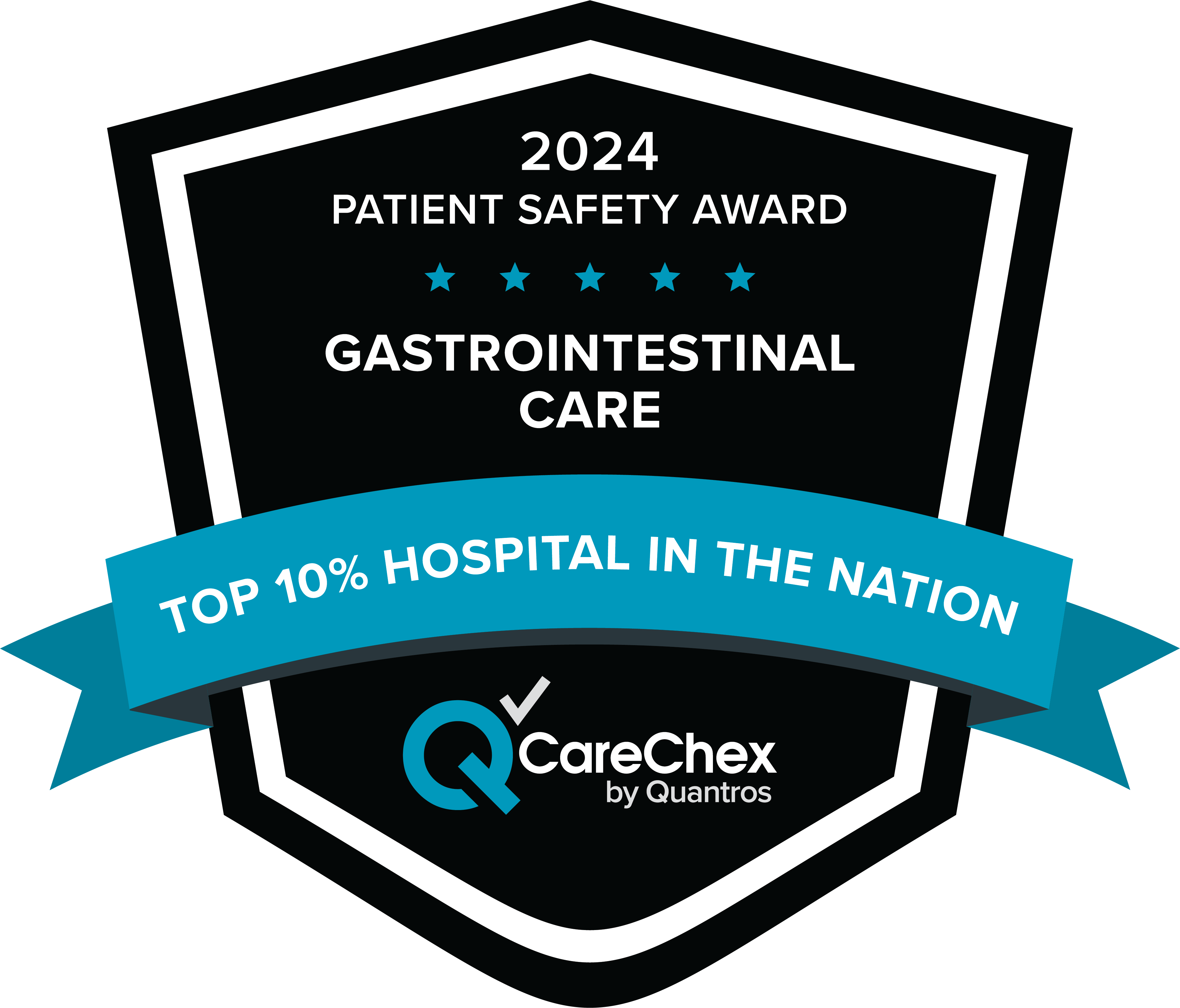 Awards badge for Top 10% Hospital in the Nation for Patient Safety in Gastrointestinal Care – 2024 CareChex by Quantros