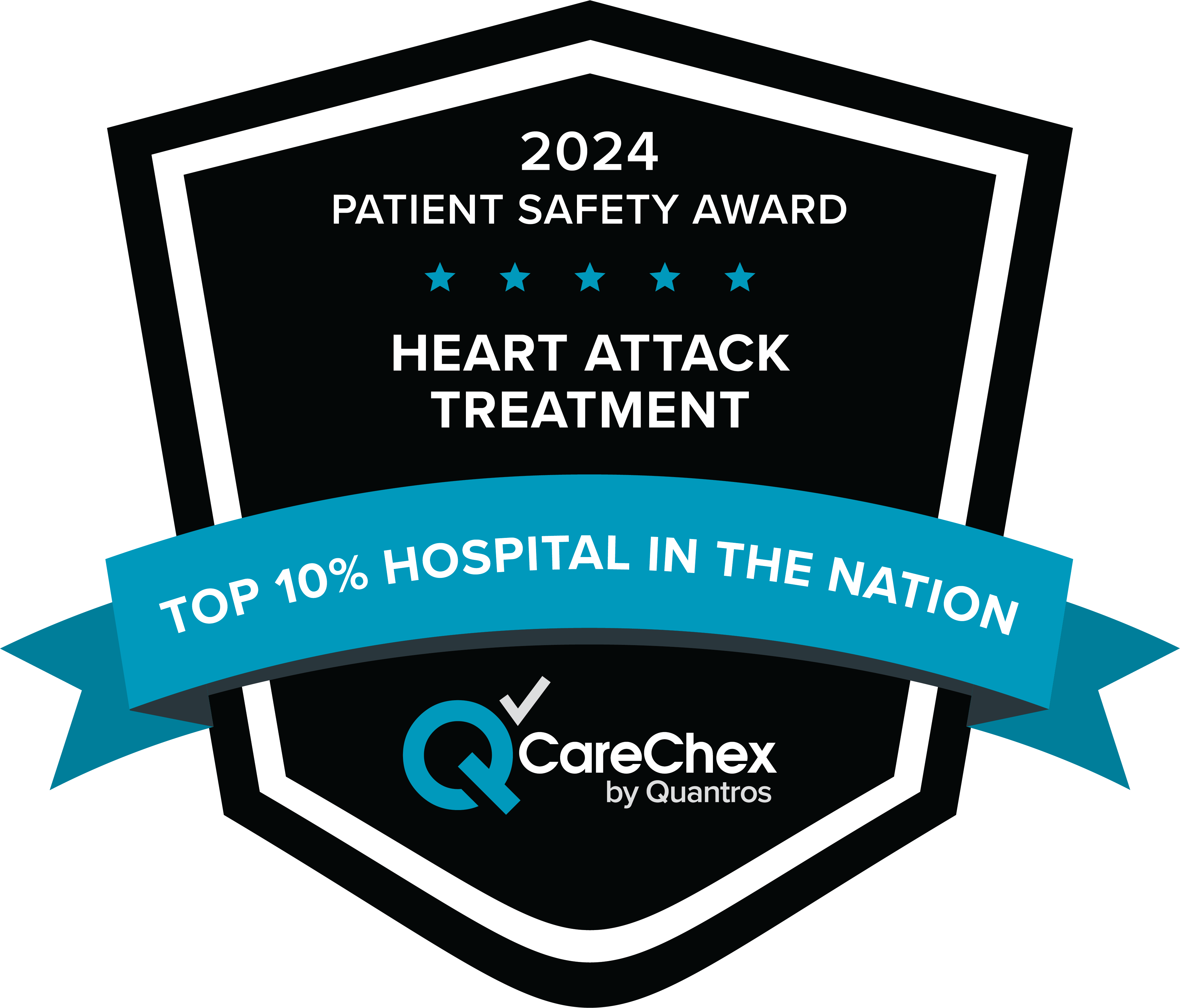 Awards badge for Top 10% Hospital in the Nation for Patient Safety in Heart Attack Treatment – 2024 CareChex by Quantros