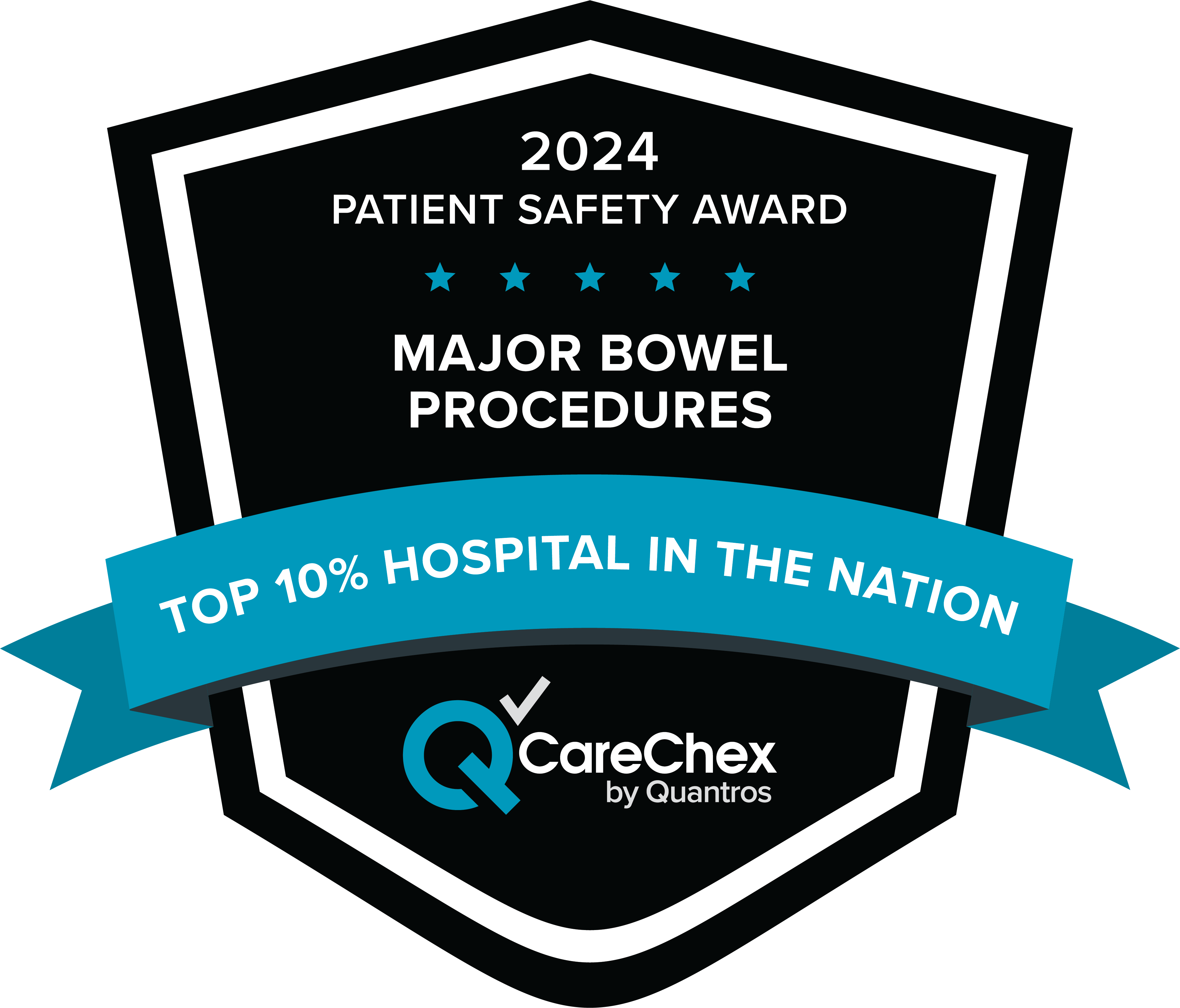 Awards badge for Top 10% Hospital in the Nation for Patient Safety in Major Bowel Procedures – 2024 CareChex by Quantros