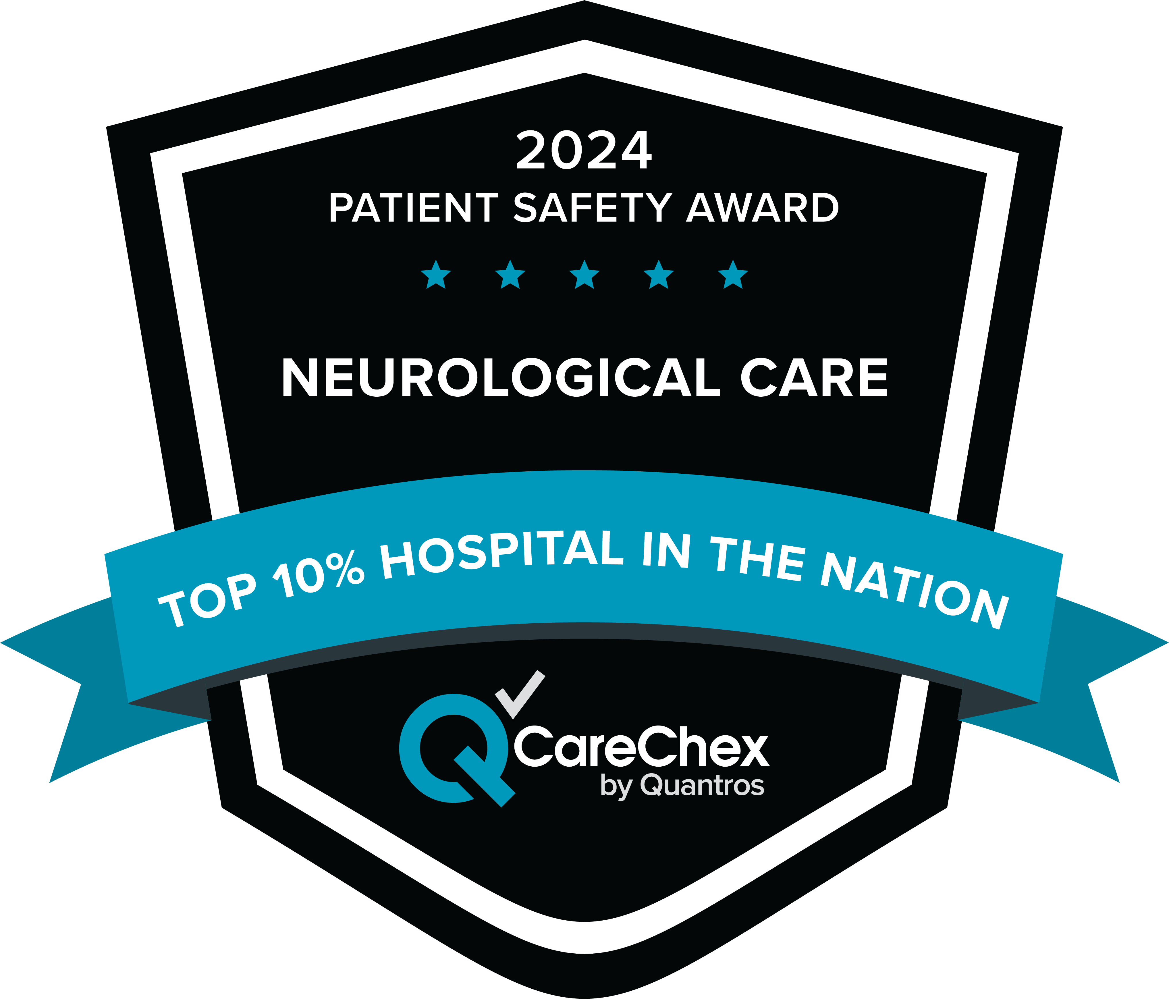 Award badge for Top 10% Hospital in the Nation for Patient Safety in Neurological Care – 2024 CareChex by Quantros