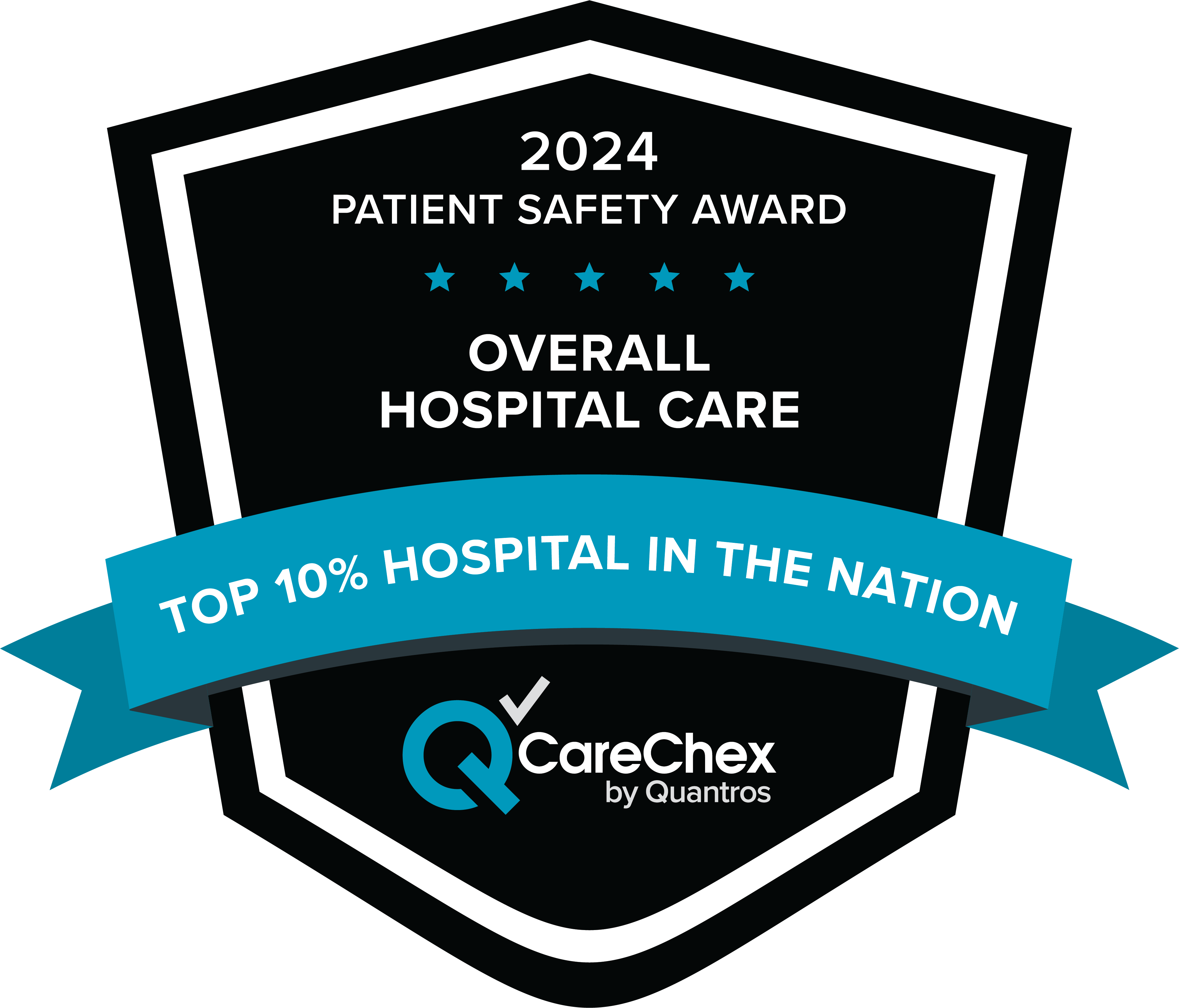 Awards badge for Top 10% Hospital in the Nation for Patient Safety in Overall Medical Care - 2024 CareChex by Quantros