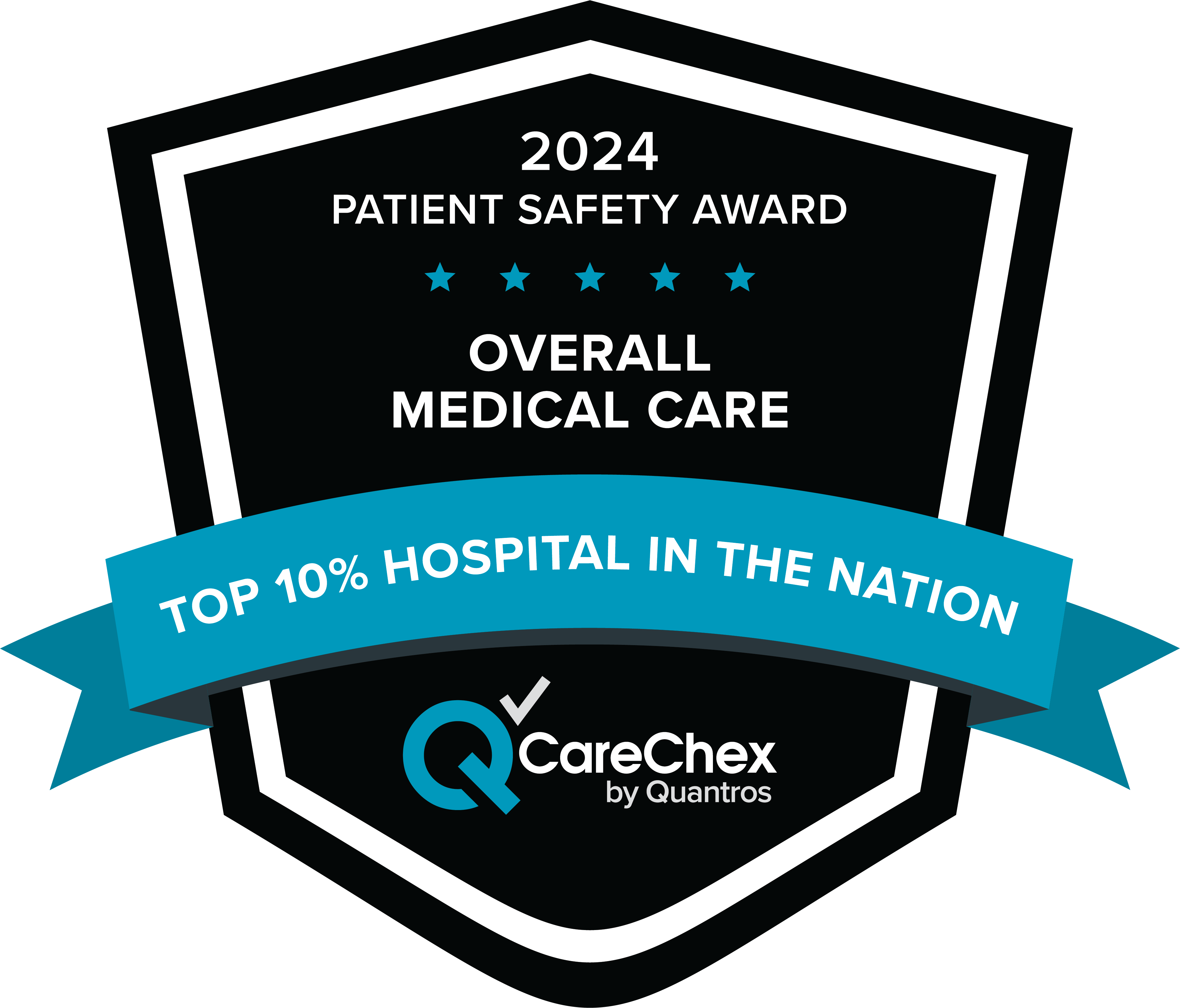 Awards badge for Top 10% Hospital in the Nation for Patient Safety in Overall Medical Care at Johnston Memorial Hospital - 2024 CareChex by Quantros