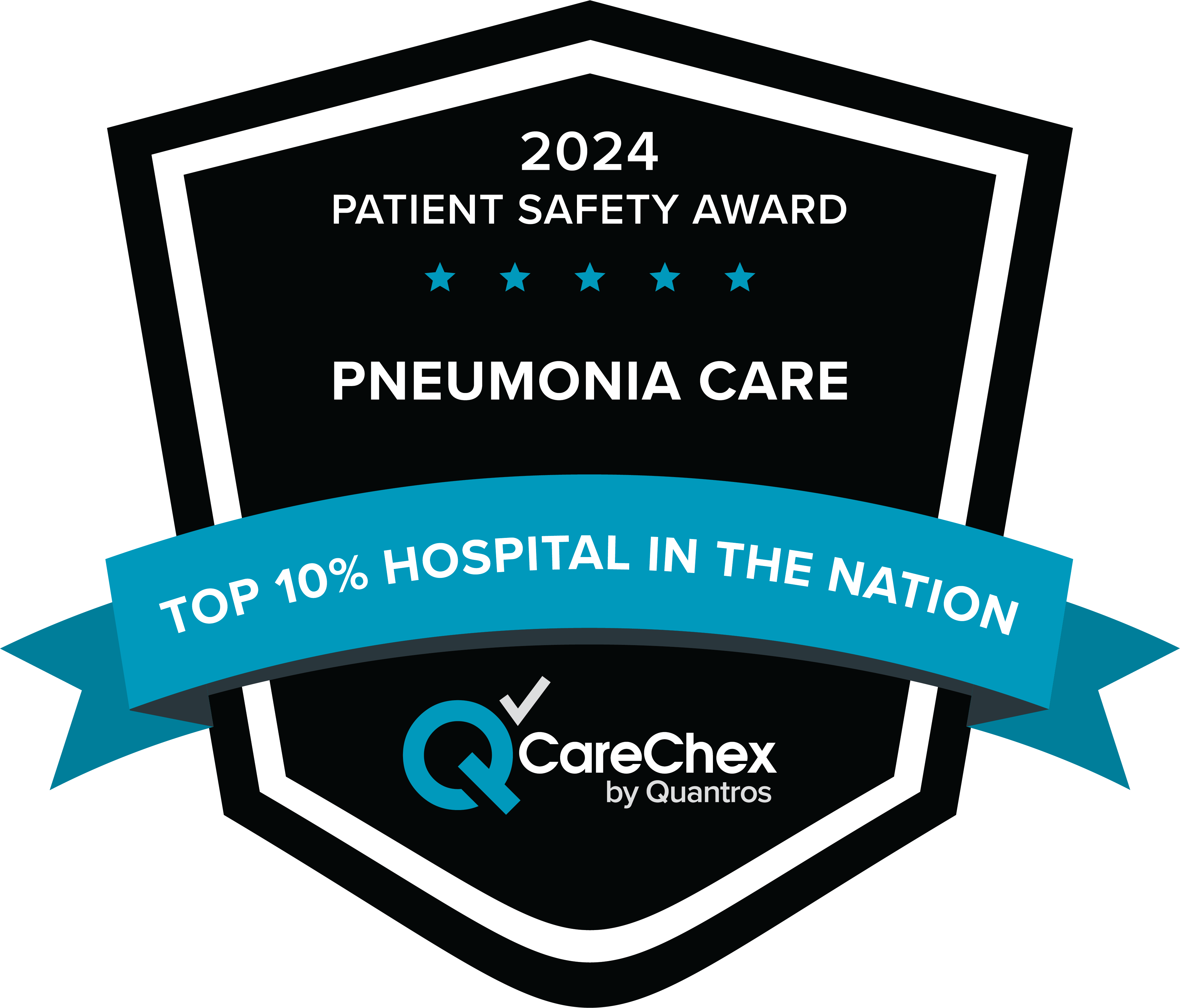 Awards badge for Top 10% Hospital in the Nation for Patient Safety in Pneumonia Care – 2024 CareChex by Quantros
