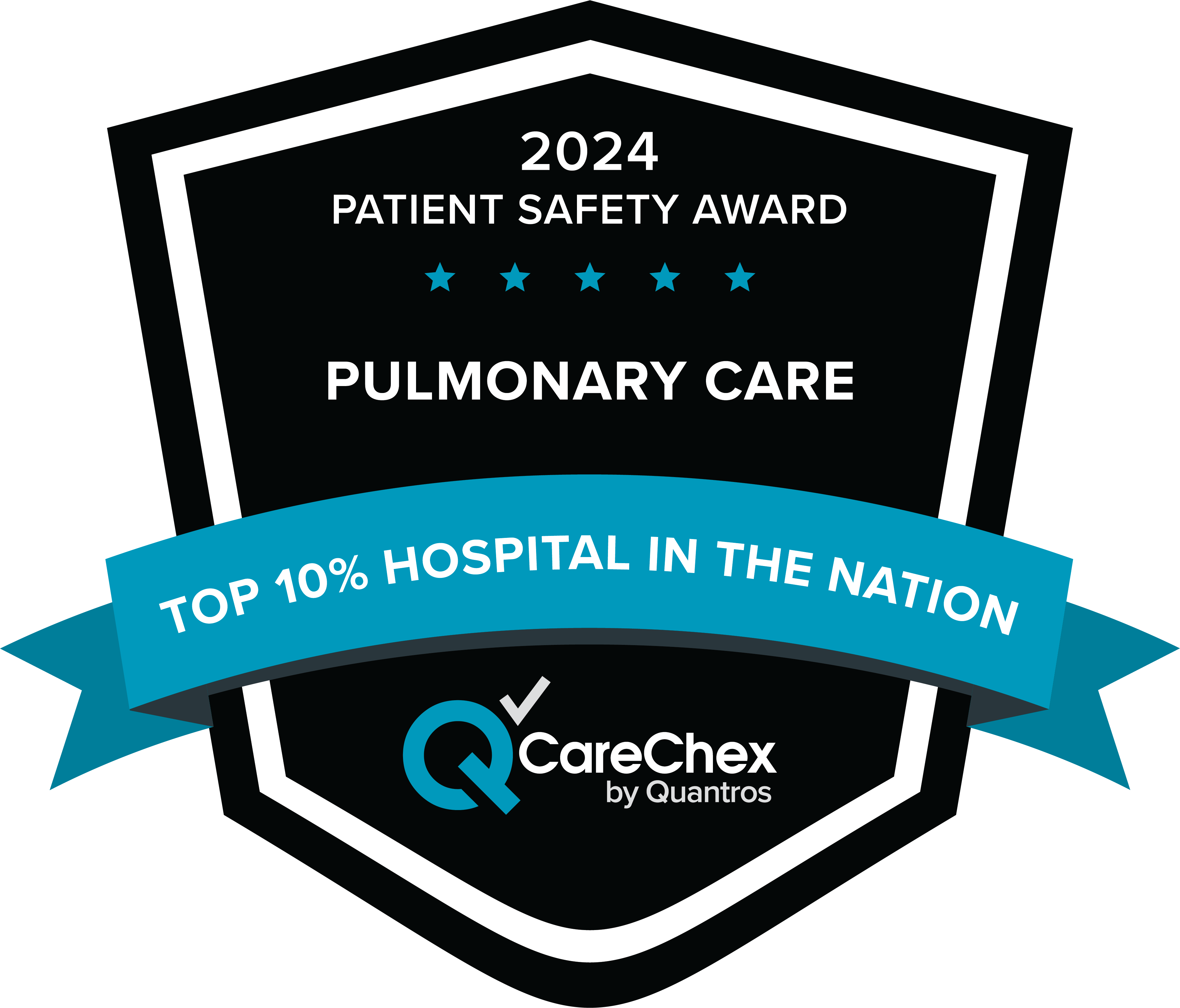 Awards badge for Top 10% Hospital in the Nation for Patient Safety in Pulmonary Care – 2024 CareChex by Quantros