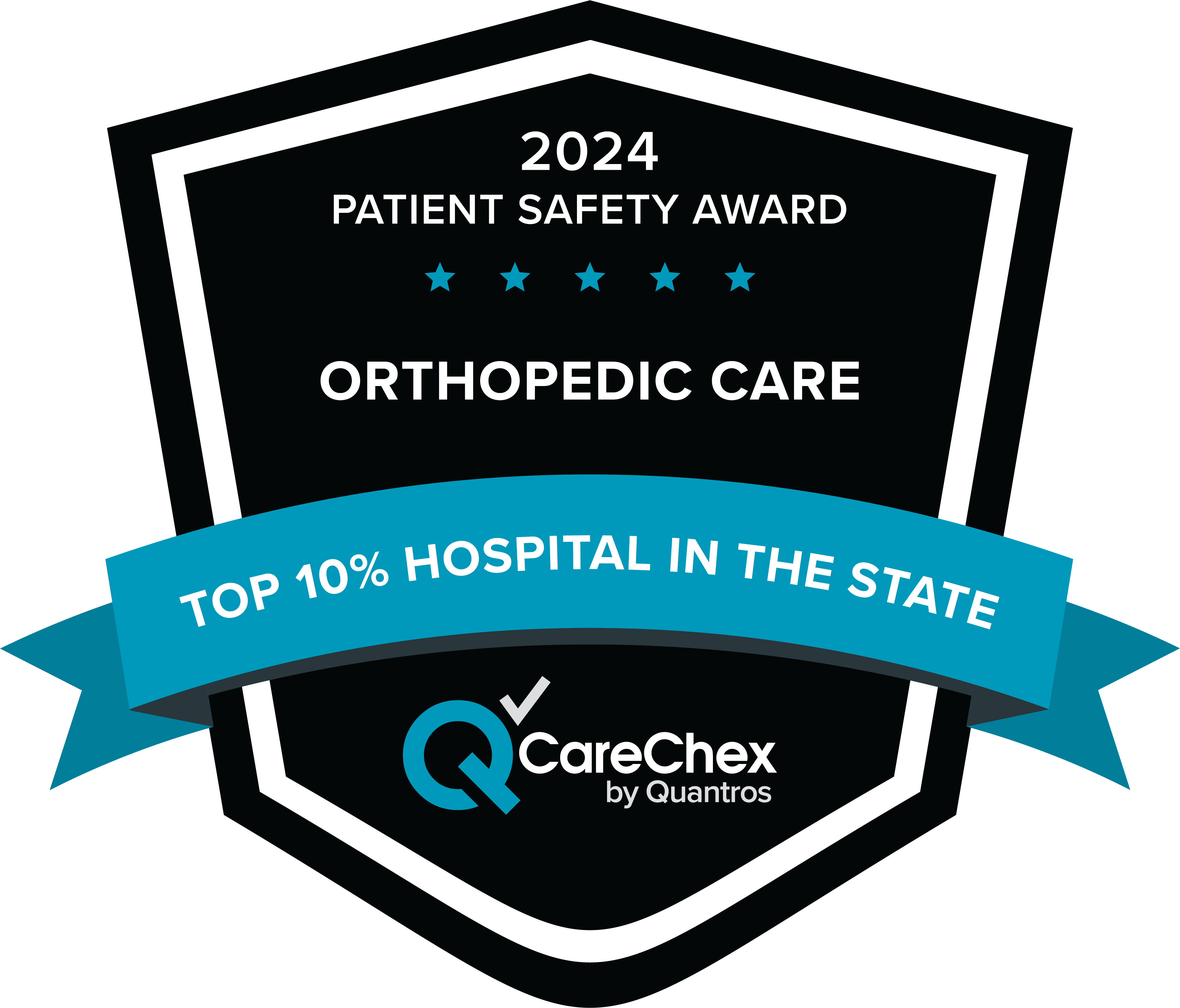 Awards badge for Top 10% Hospital in Tennessee for Patient Safety in Orthopedic Care - 2024 CareChex by Quantros