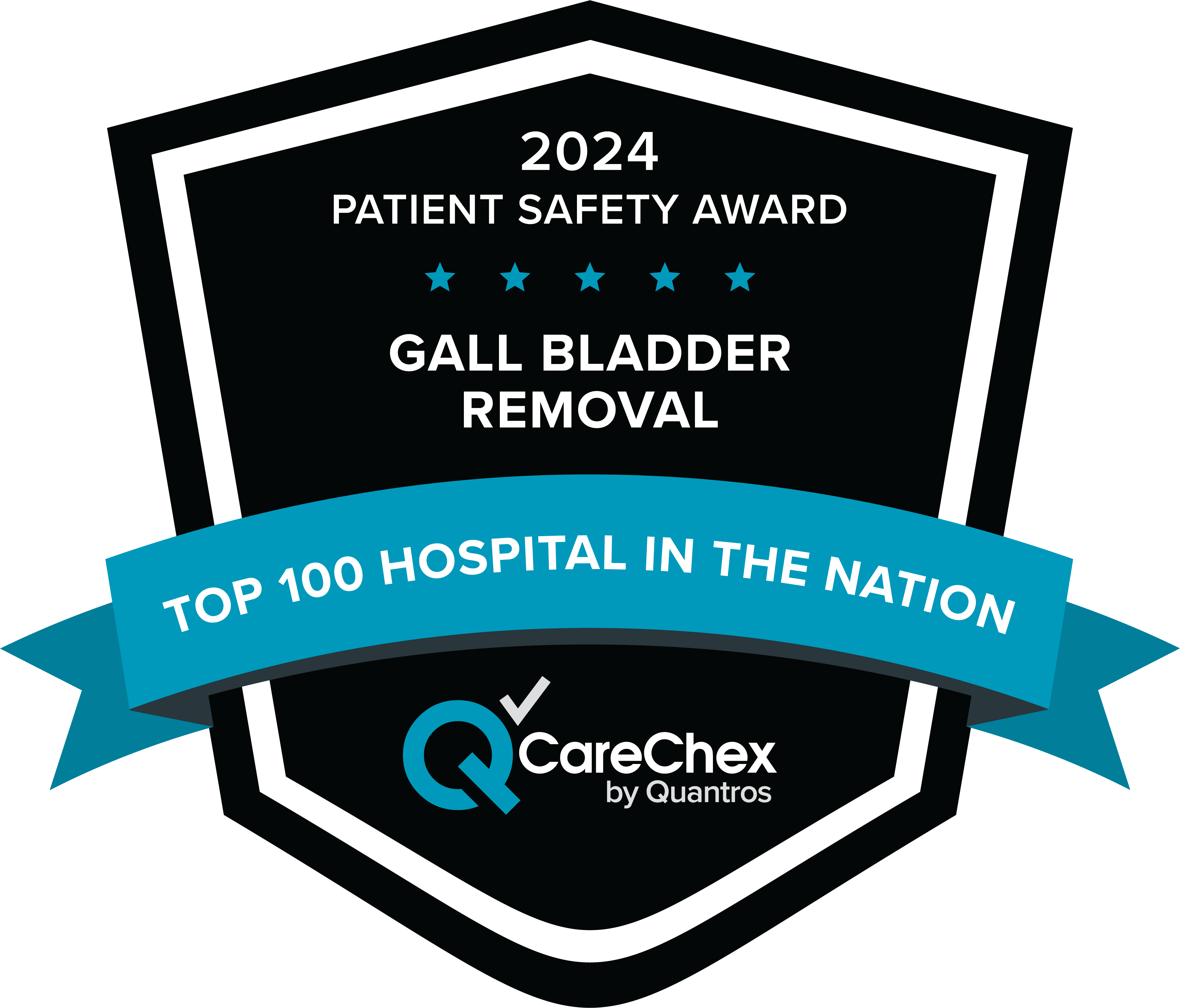 Awards badge for Top 100 Hospital in the Nation for Patient Safety in Gall Bladder Removal – 2024 CareChex by Quantros