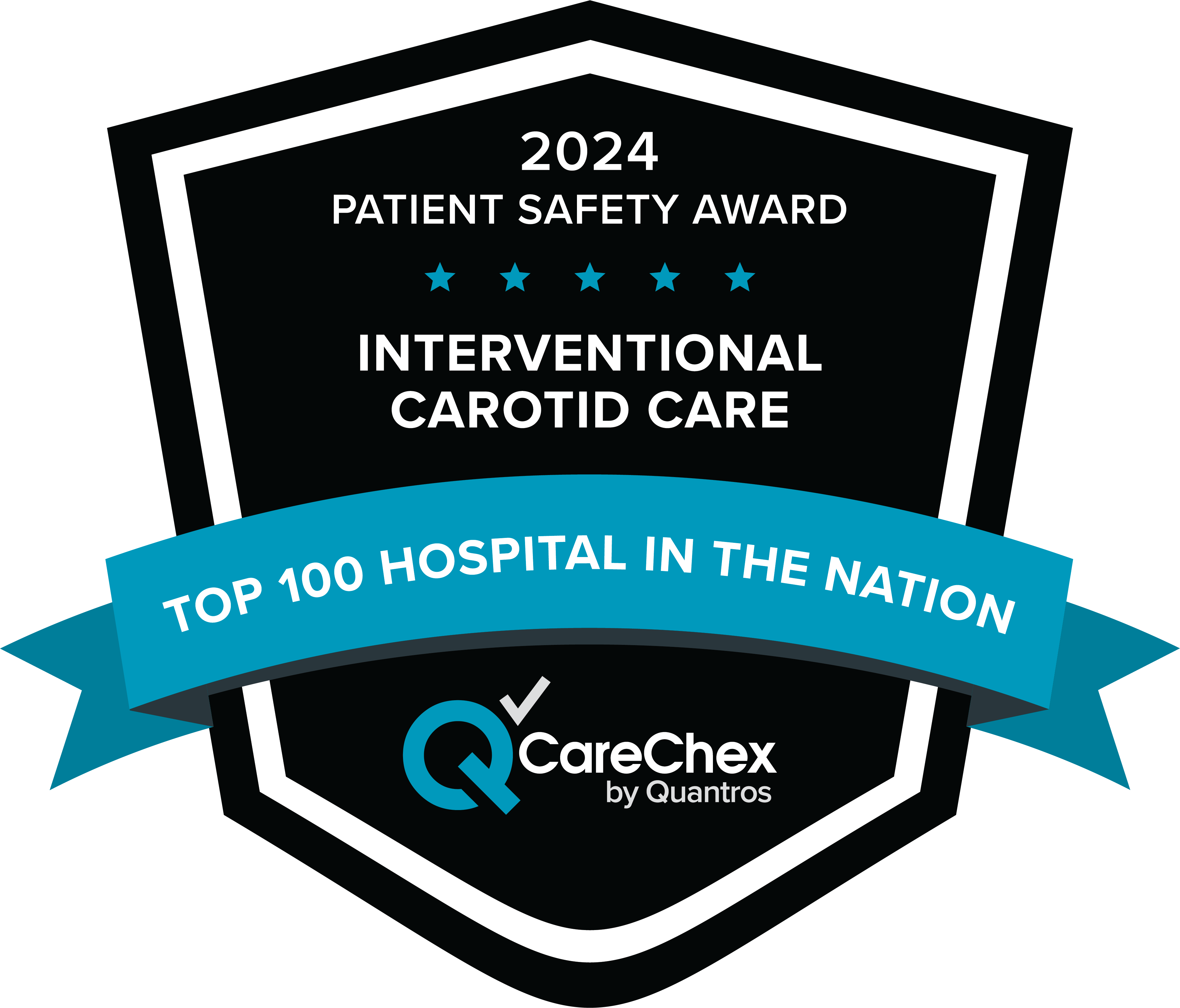 Awards badge for Top 100 Hospital in the Nation for Patient Safety in Interventional Carotid Care – 2024 CareChex by Quantros