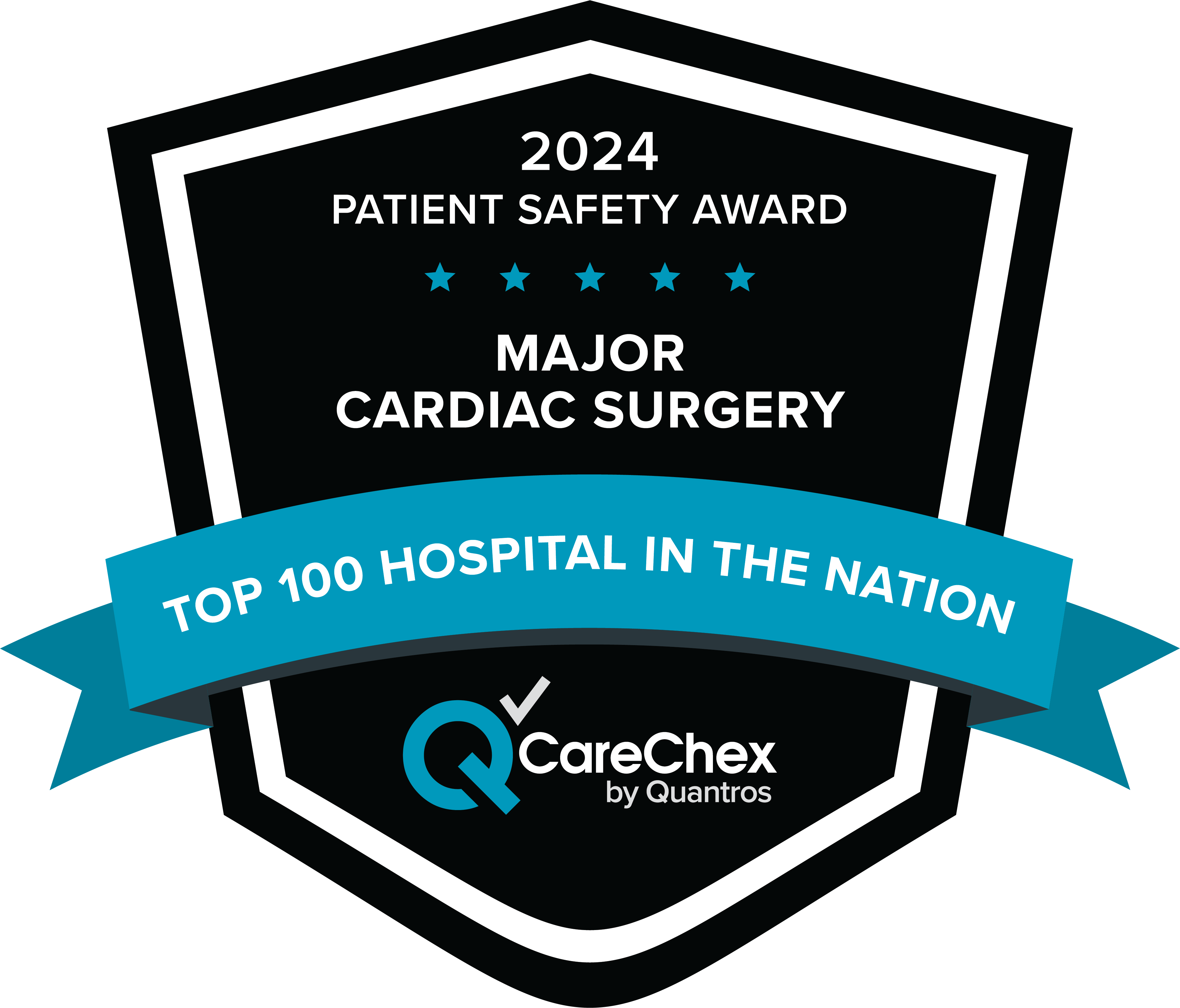 Awards badge for Top 100 Hospital in the Nation for Patient Safety in Major Cardiac Surgery – 2024 CareChex by Quantros