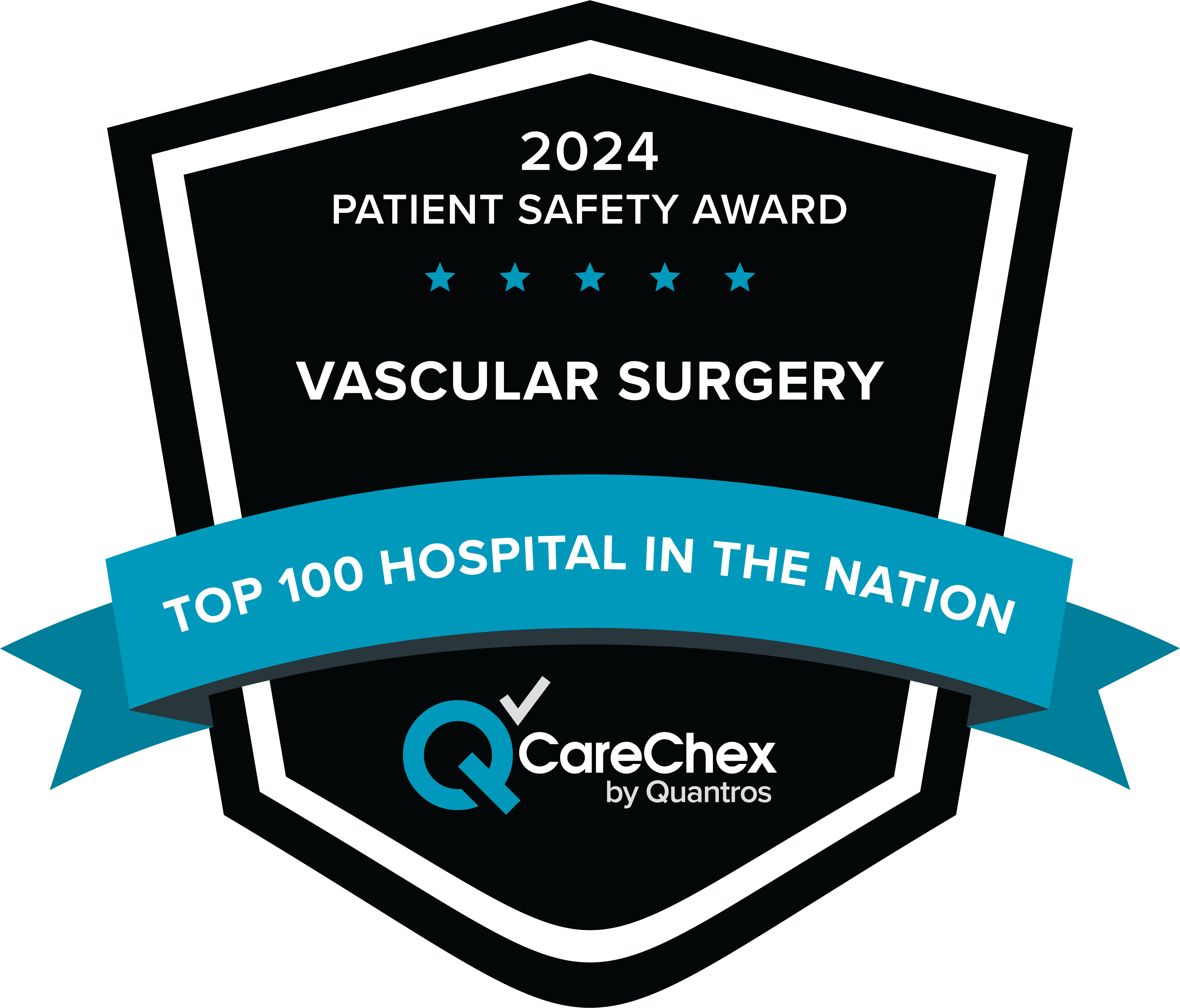 Awards badge for Top 100 Hospital in the Nation for Patient Safety in Vascular Surgery – 2024 CareChex by Quantros