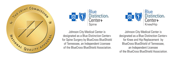 The Joint Commission National Quality Approval seal, Blue Distinction Center+ Spine logo and Blue Distinction Center+ Knee/Hip logo