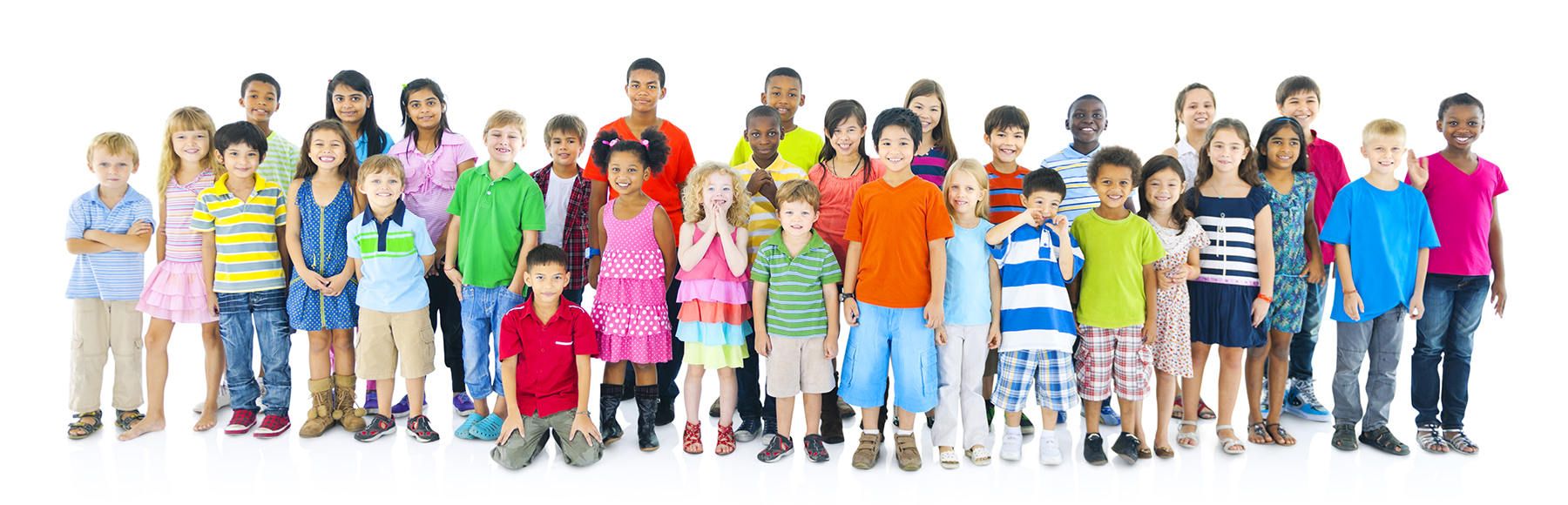 photo: 30+ children wearing colorful clothes in group, white background