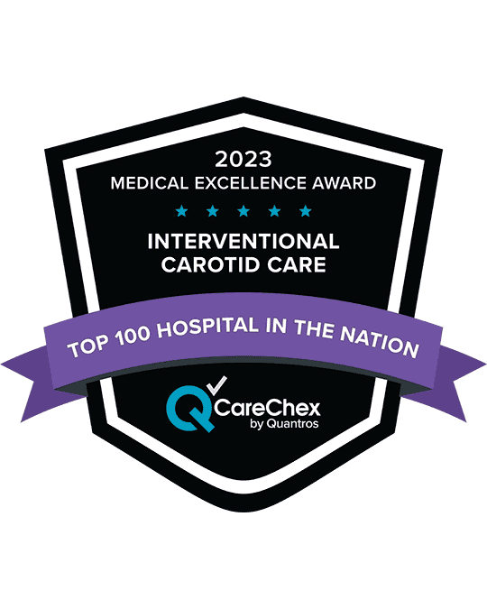 Award badge for Top 100 Hospital in Nation for Medical Excellence in Interventional Carotid Care - 2023 CareChex by Quantros