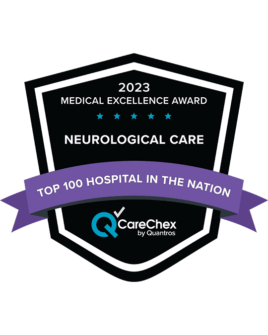 Award badge for Top 100 Hospital in Nation for Medical Excellence in Neurological Care - 2023 CareChex by Quantros