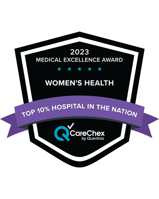 Awards badge for Top 10% Hospital in the Nation for Medical Excellence in Womens Health - 2023 CareChex by Quantros