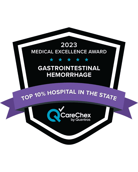 Awards badge for Top 10% Hospital in the State for Medical Excellence in Gastrointestinal Hemorrhage - 2023 CareChex by Quantros