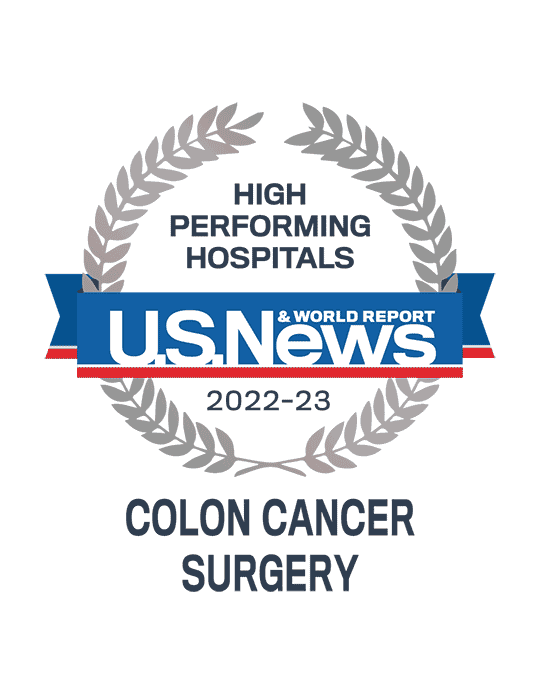 Awards badge for High Performing Hospitals for Colon Cancer Surgery - U.S. News and World Report 2022-23